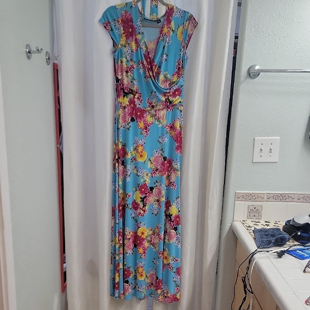 New York & Company Turquoise Floral Wrap Maxi Dress